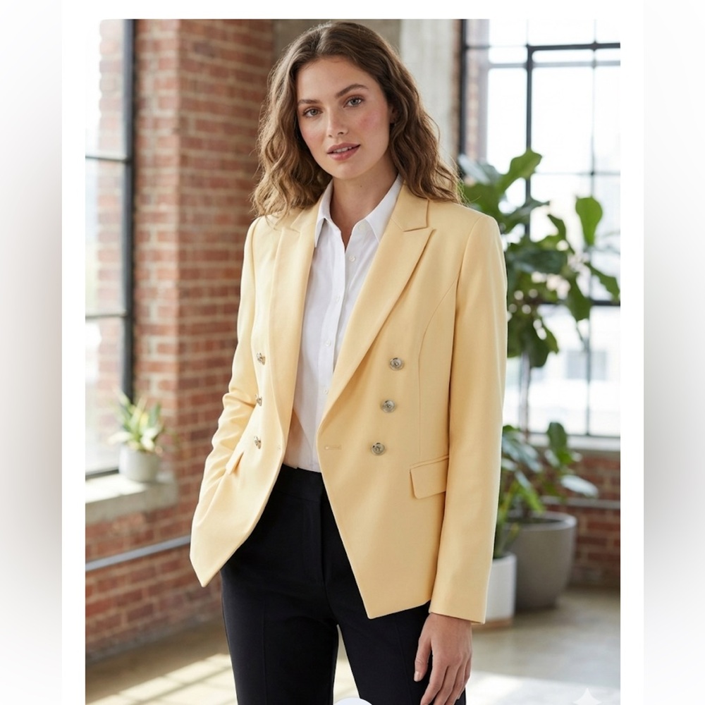 White House Black Market Yellow Double Breasted Blazer Jacket Peak Lapel Size 8 - Picture 3 of 6